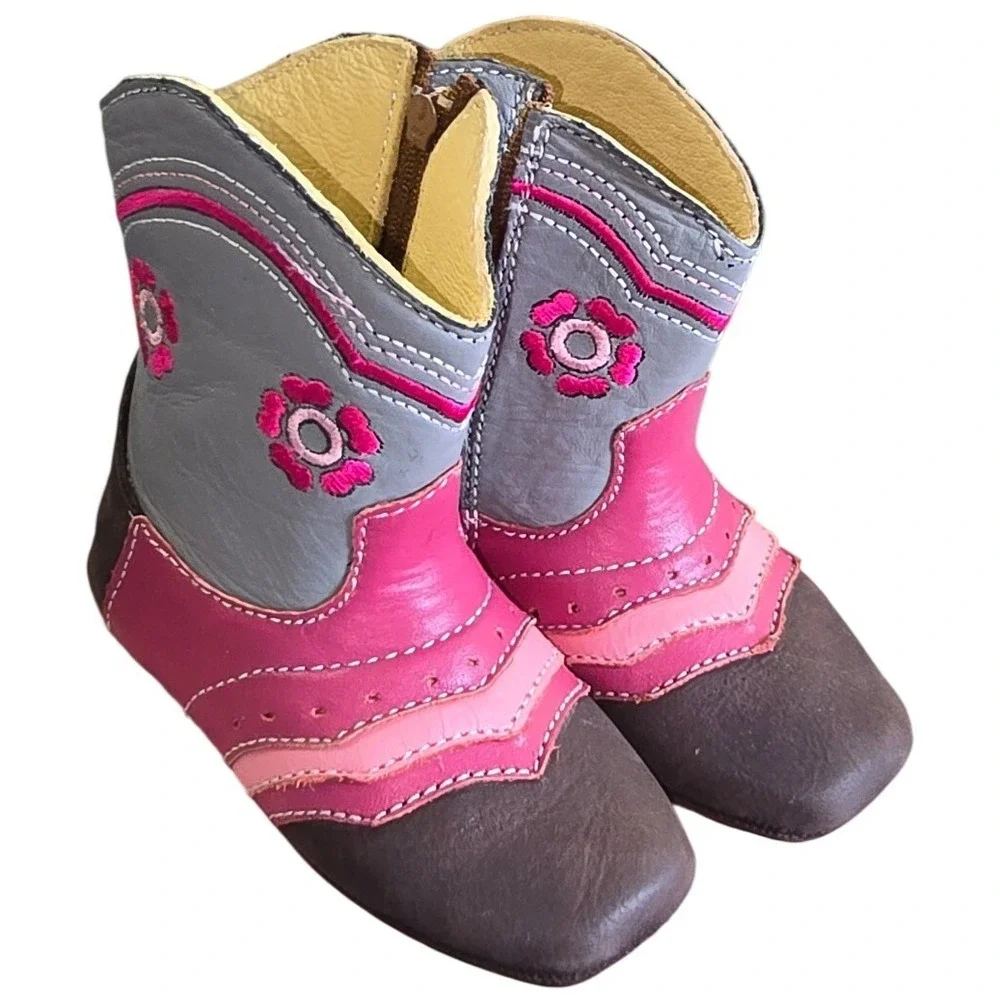 $88 Shea Baby Cowboy Boots Pink Gray Brown Leather Floral Size Toddler 3 CHARLIE